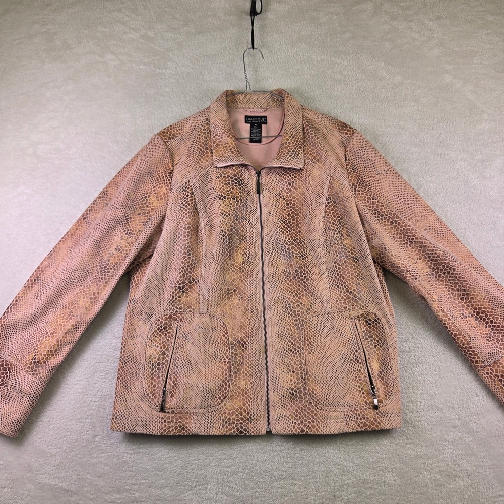 Dialogue Women XL Pink Snakeskin Print Faux Suede Zip Front Jacket Metallic 4235
